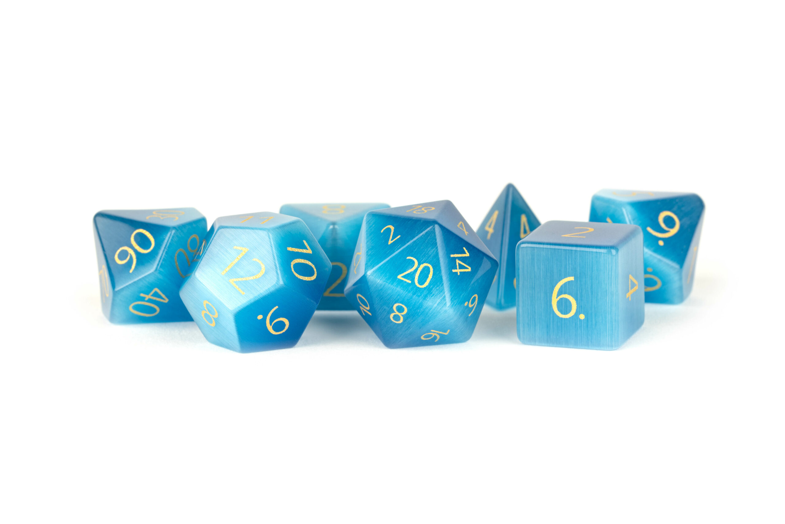 Engraved Cat's Eye Aquamarine with gold numbers Full-Sized 16mm Polyhedral Dice Set