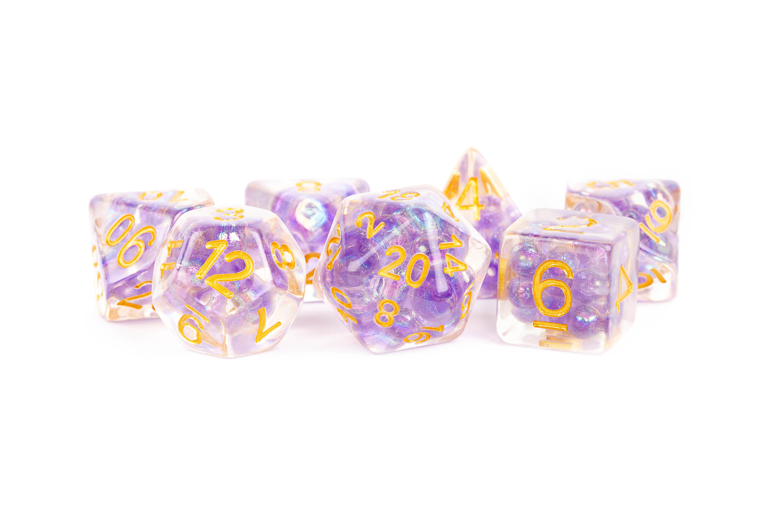 Pearl Dice Purple with Gold Numbers 16mm Resin Poly Dice Set