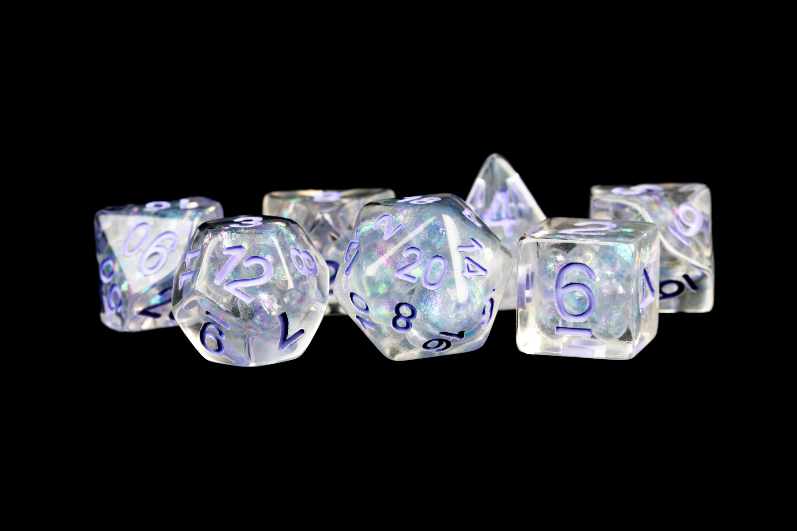Pearl Dice with Purple Numbers 16mm Resin Poly Dice Set