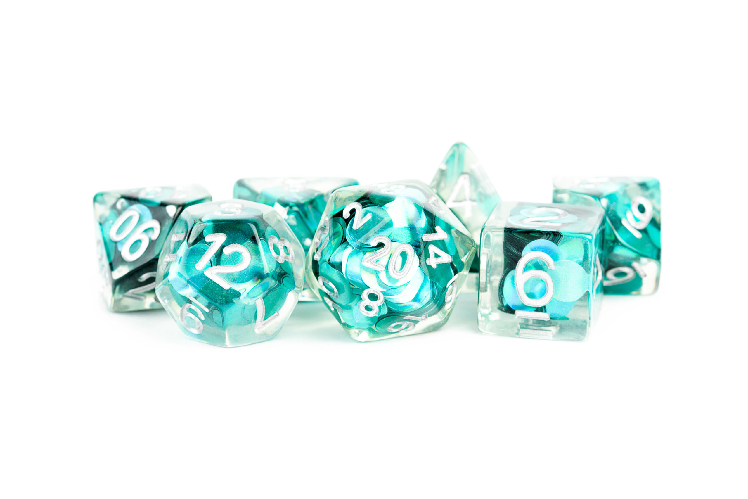 clear Mermaid Scales with white numebrs 16mm Resin Poly Dice Set