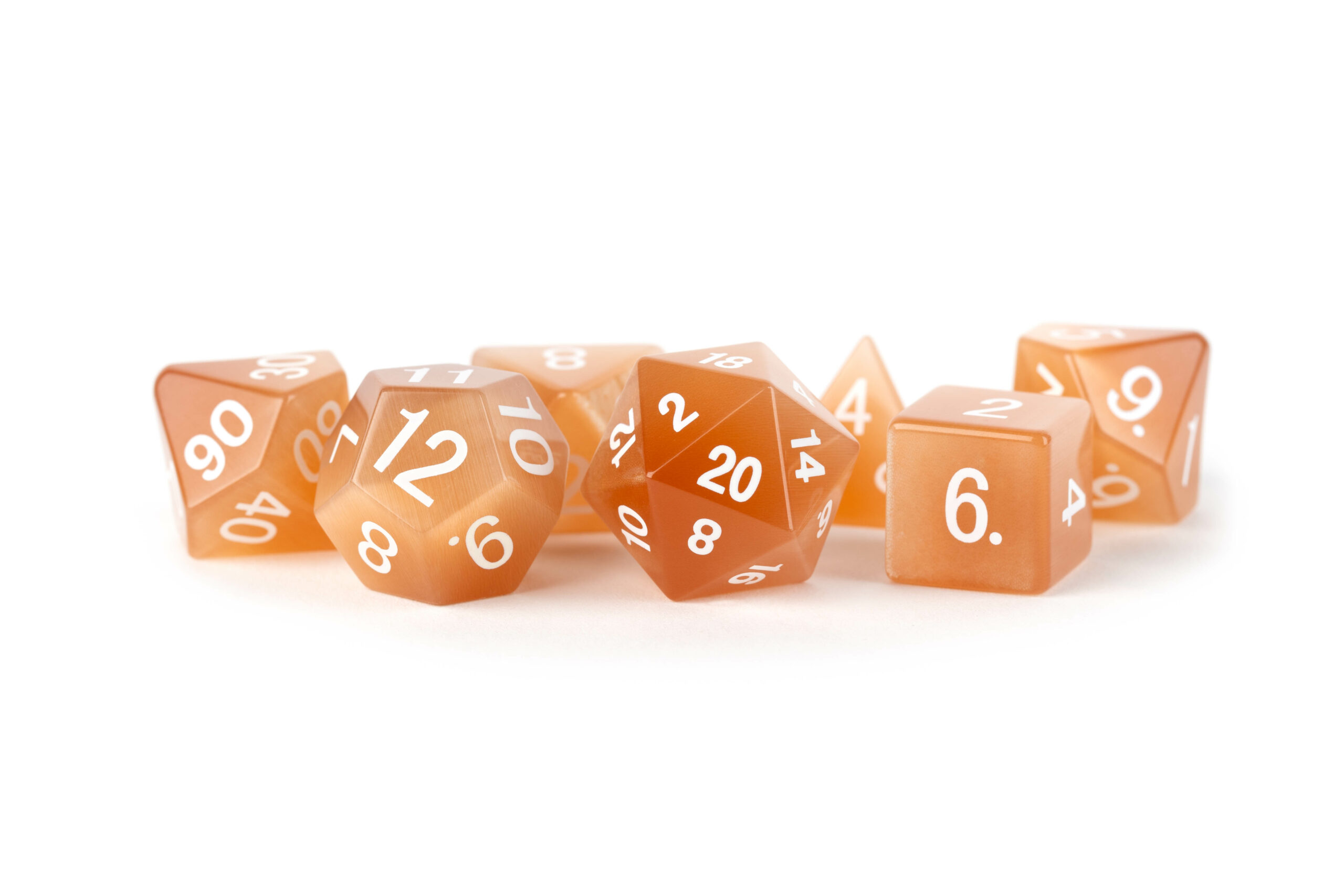 Orange with white numbers Cat's Eye Champaign: Full-Sized 16mm Polyhedral Dice Set