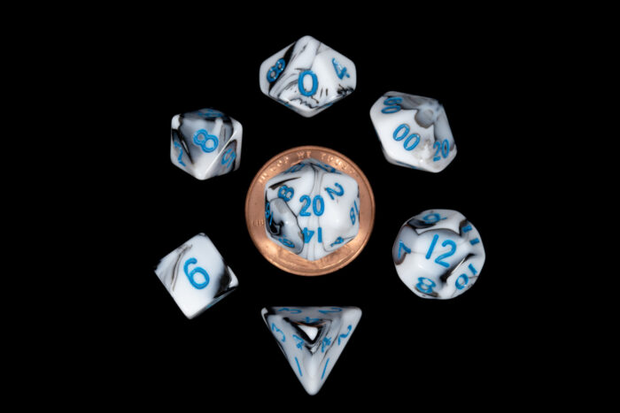 mini black white blue number dice set