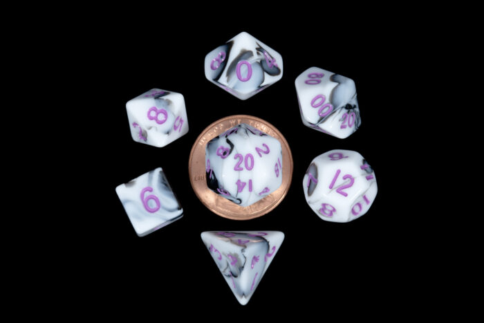 mini black white purple number dice set
