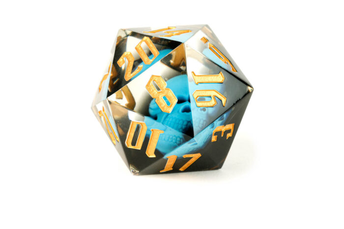 Blue and gold skull dice 55mm Sharp Edge d20