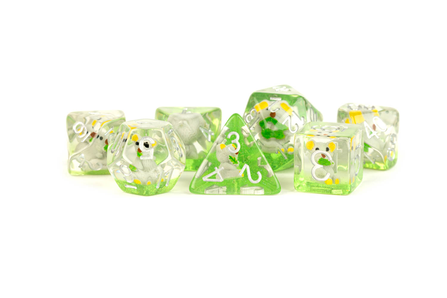 Clear dice set with Koala figures and white numbers
