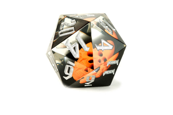 orange and silver skull dice 55mm Sharp Edge d20