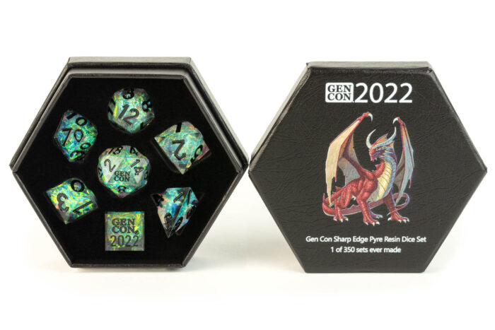 Gen Con 2022 Sharp Edge Pyre Resin Dice Set in its case