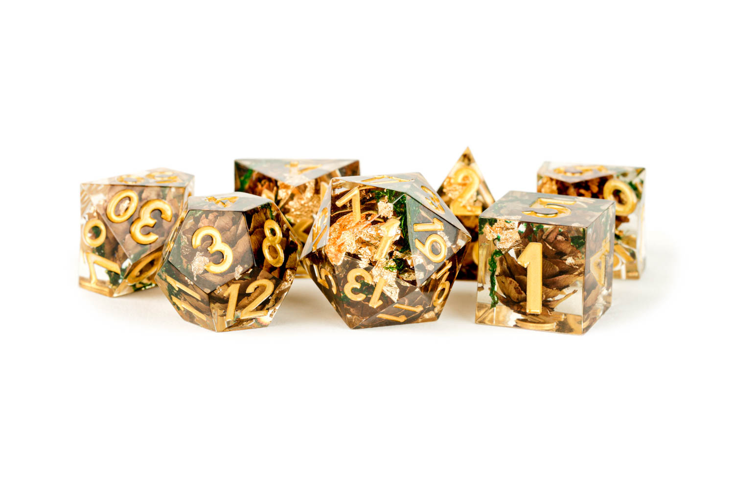 Pinecones with gold numbers in clear 16mm Resin Poly Dice Set