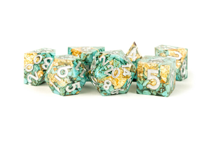 Turquoise Pebbles Hand Crafted Sharp Edge Dice with silver numbers