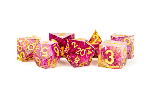 Hand Crafted Sharp Edge Dice set with pink flowers and gold numbers