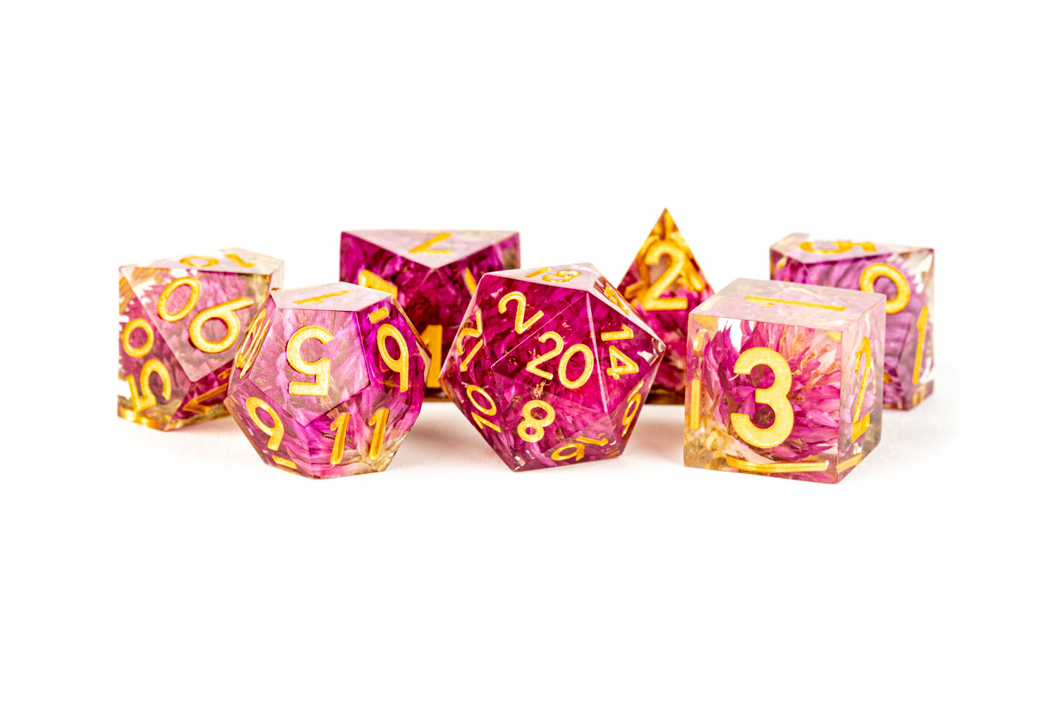 Hand Crafted Sharp Edge Dice set with pink flowers and gold numbers