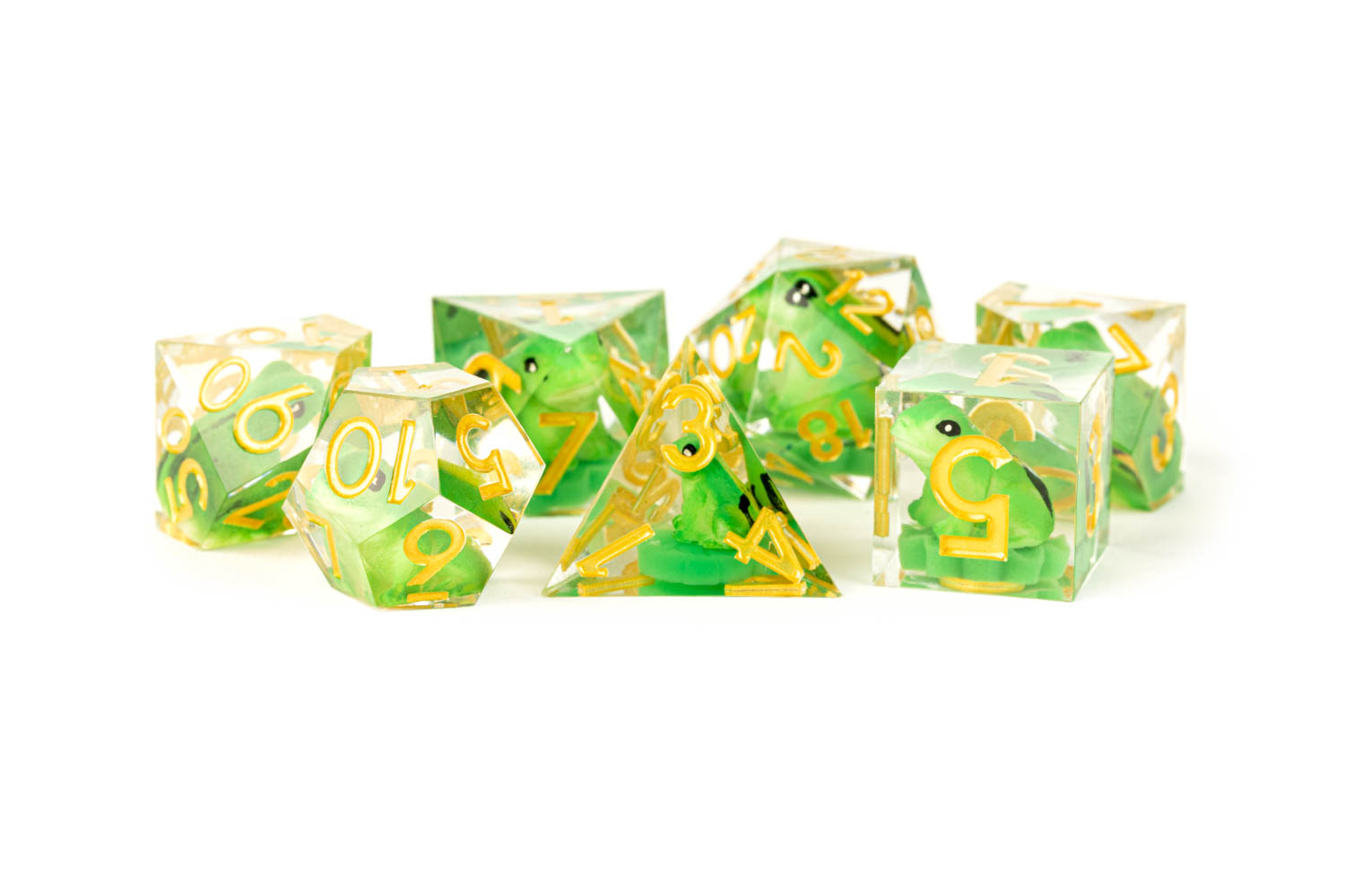 Hand Crafted Sharp Edge Dice set with Green Frogs and yellow numbers