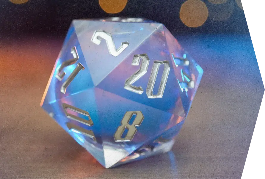 blue and purple dice with silver numbers