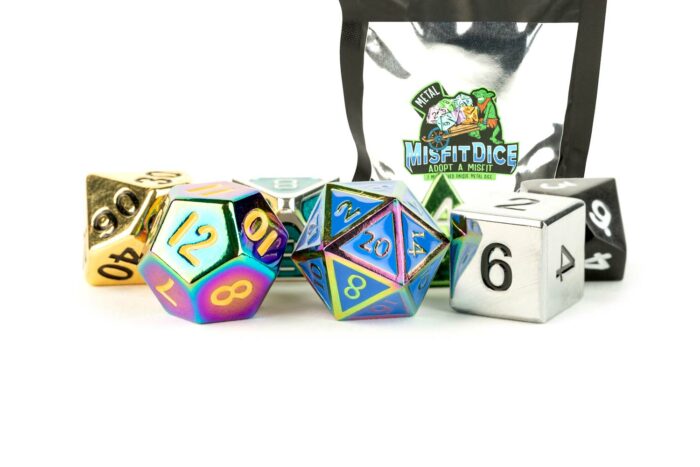 Misfit Dice packaging with dice displayed